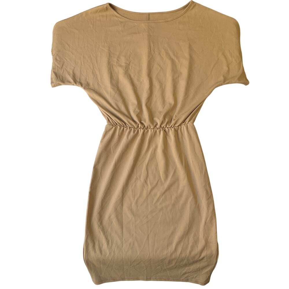 SHEIN Women Midi Dress Size S Beige Bodycon Ruched Short Sleeve Pullover Stretch